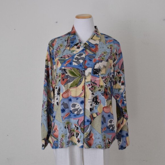 Vintage 90s Rayon Floral Botanical Print Blouse | size S - Picture 5 of 10
